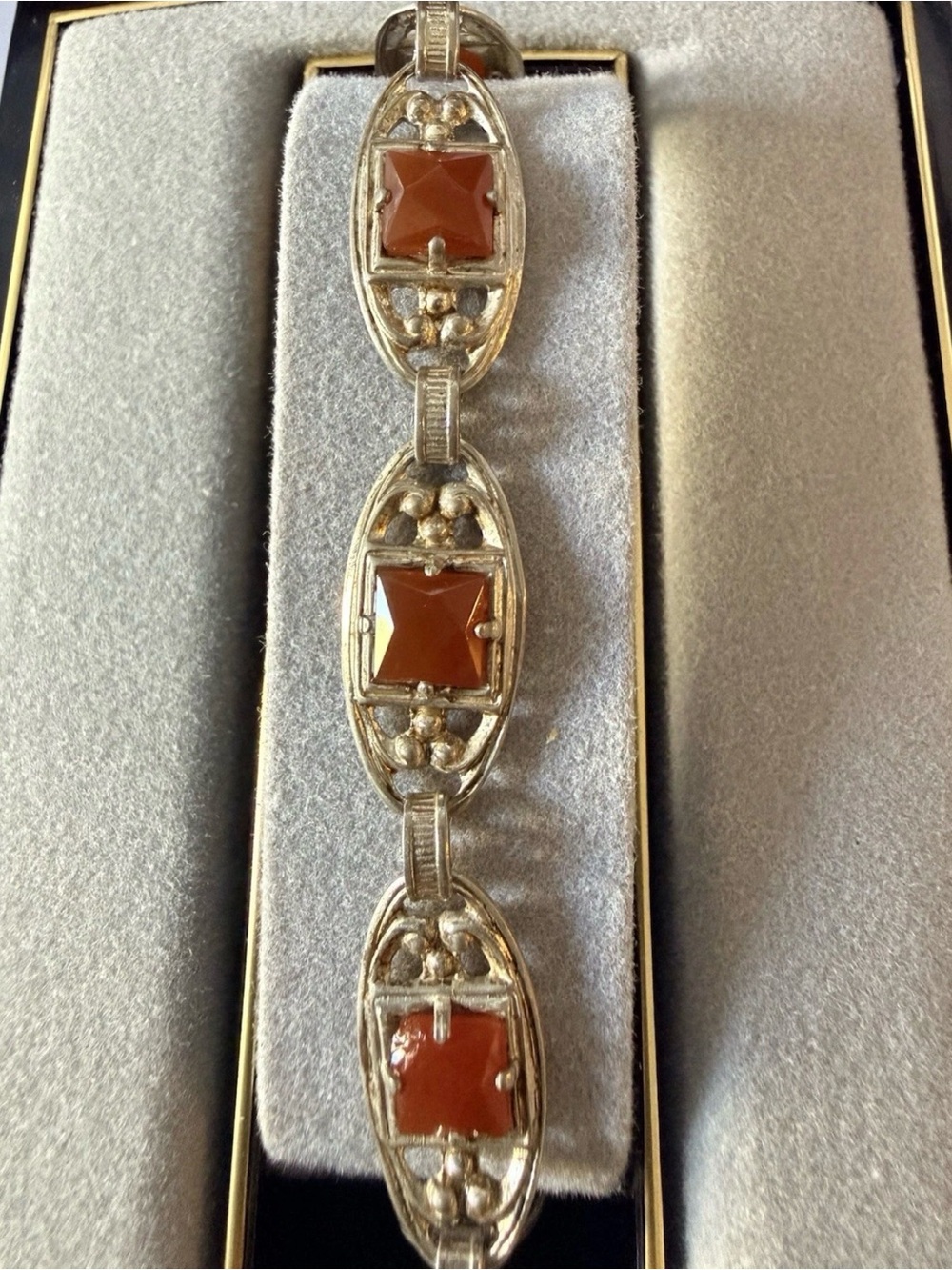 1930s Art Deco Carnelian and Sterling Silver Link Bracelet. 7.5"